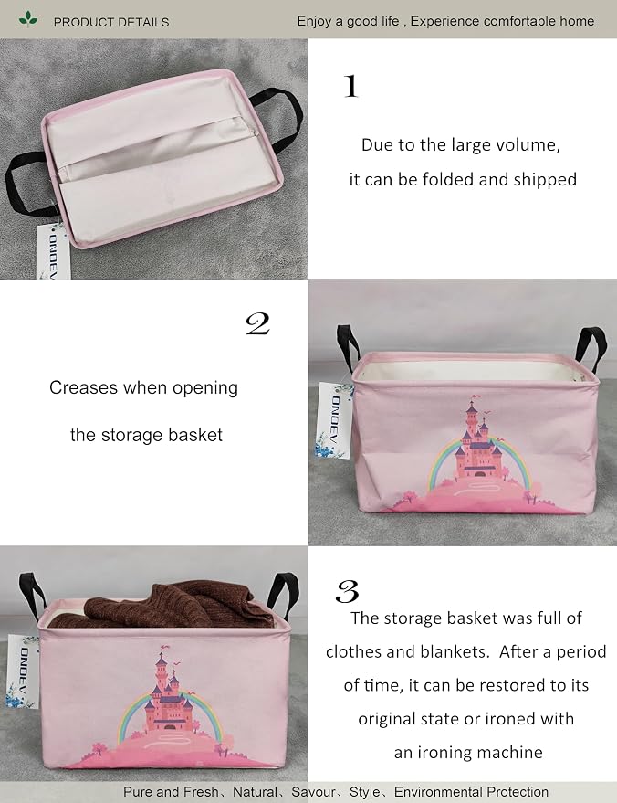 Rectangular Pink Princess Castle Storage Bin, Decorative Canvas Laundry Basket with Dual Handles, Foldable Household Organizer for Girls Bedroom Dorm