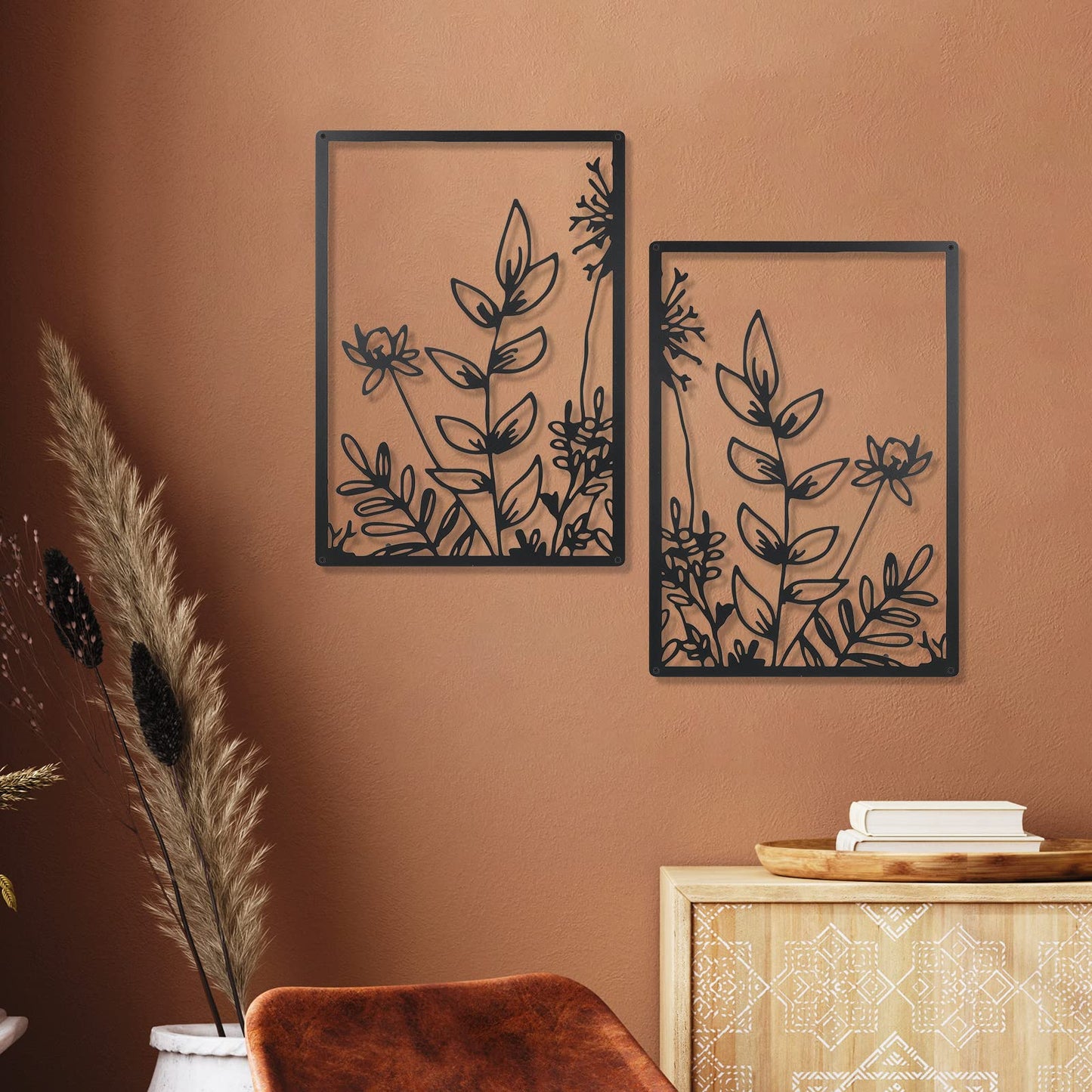 Therwen 3 Pcs Black Metal Wall Art Minimalist Wall Decor for Bedroom Flowers Decor Hanging Flower Bathroom Art Flower Line Sculpture Kitchen Decoration 16.5 x 9.8 Inch(Cute Style)