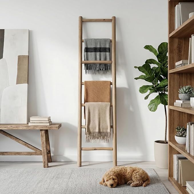 Wooden Blanket Ladder - 76in Natural Wood Color- Leaning Wall Decor for Bedroom, Bathroom, Living Room - Rustic Quilt Holder (Natural Wood Color (Knock Down), 76in(7-Rung) | Knock Down)