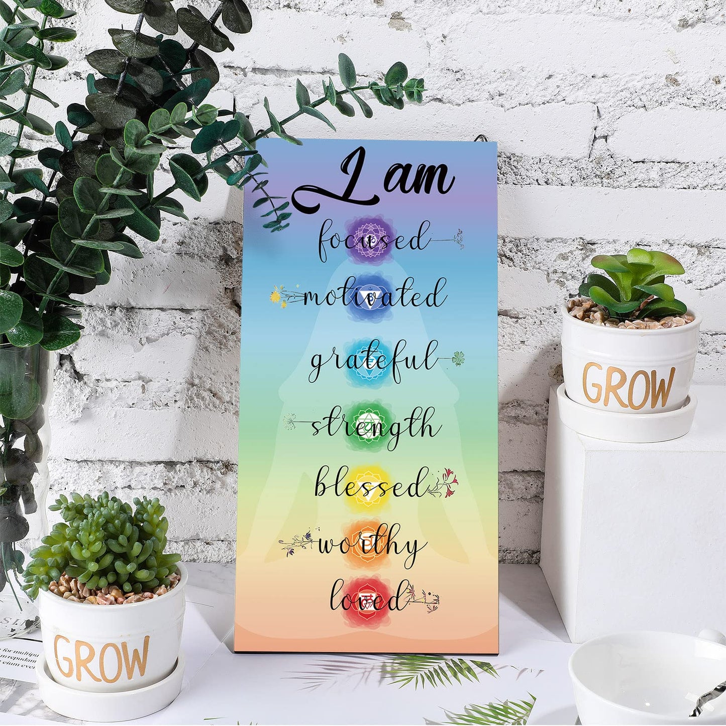 Blulu Chakra Quotes Sign Buddha Wall Decor Yoga Zen Wall Art Wooden Spiritual Decor 7 Chakra Hanging Motivational Meditation Buddhism Spa Room Sign for Yoga Living Room Bedroom Bathroom(Love Style)