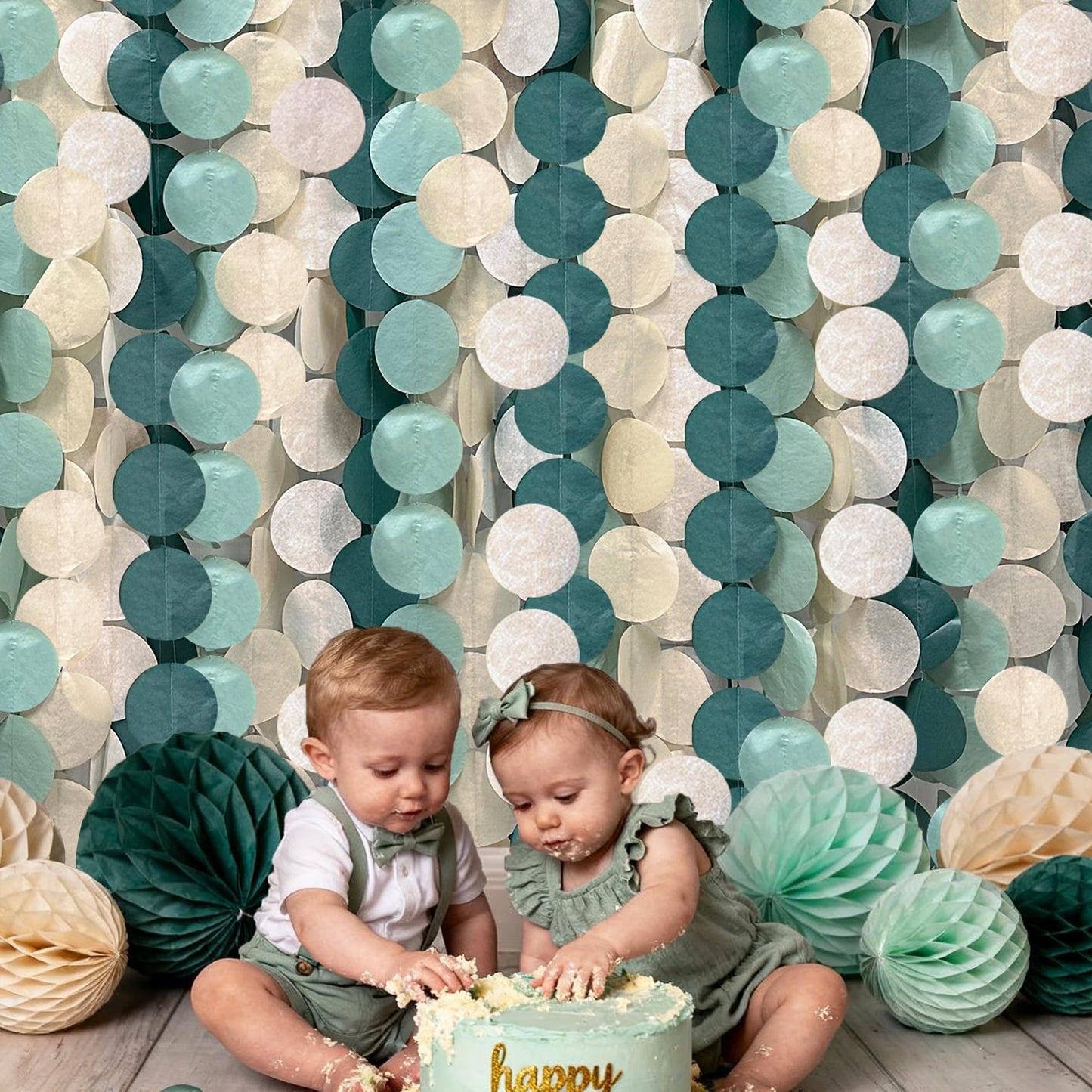 205Ft Sage Green Circle Dot Garland Backdrop Dusty Green Tissue Paper Polka Dots Hanging Streamer for Woodland Jungle Safari Neutral Birthday Baby Shower Wedding Engagement Party Decorations Supplies
