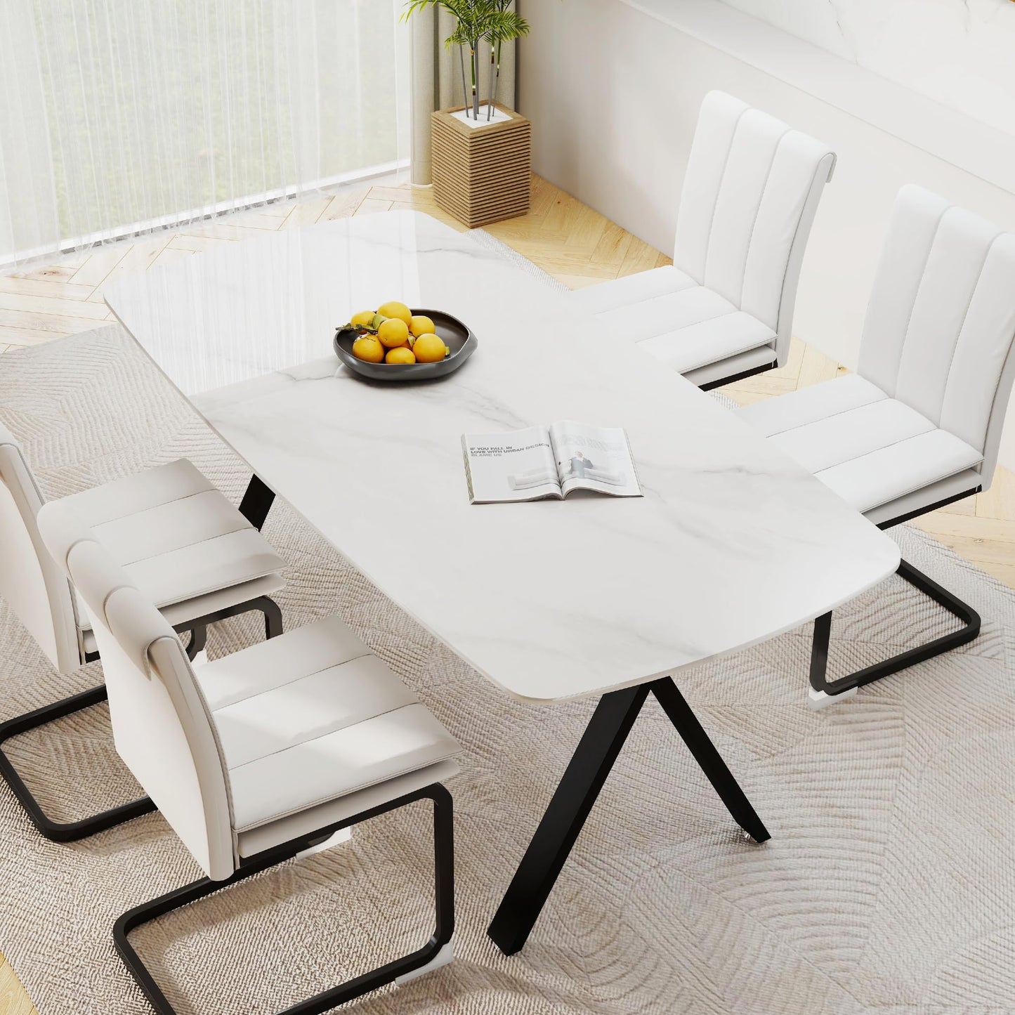 KEIKI 51.2" Rectangular Dining Table for 4-6, Tempered Glass Marble-Top with Gold Metal Legs, Modern Kitchen Dining Table, Space-Saving Rectangular Kitchen Table, White Black