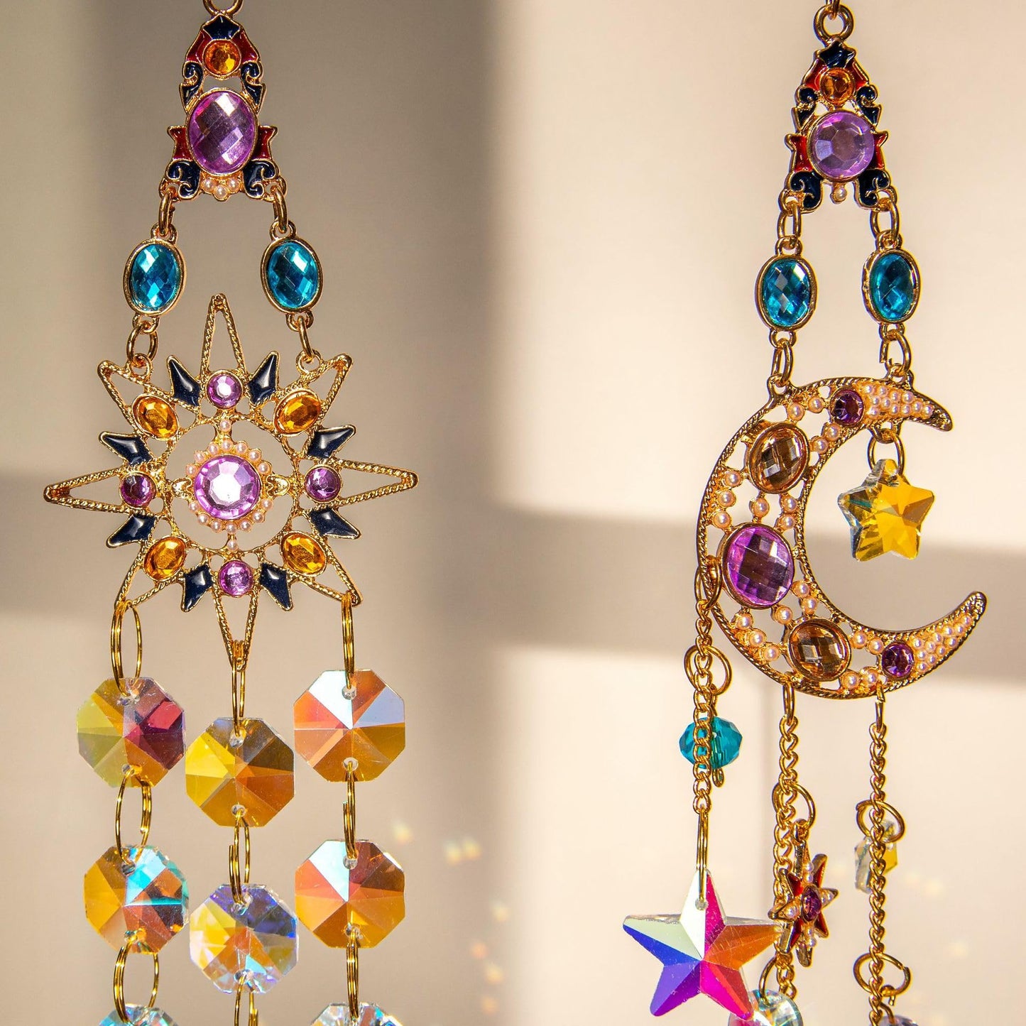Sun Moon Crystal Suncatcher Set - Rainbow Maker Window Hanging Ornament for Home Garden Car Decor & Spiritual Gift (2-Pack)
