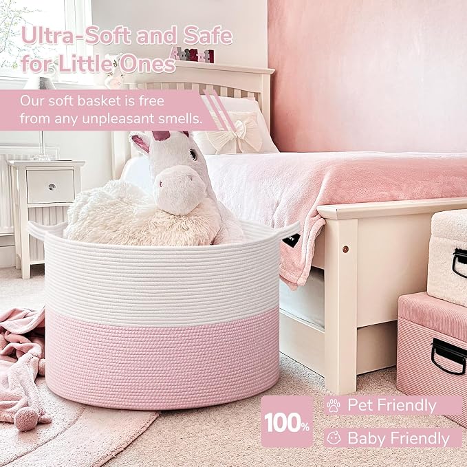 INDRESSME 115L Extra Large Pink Laundry Basket for Nursery Stuffed Animal Storage, Blanket Rope Baby Baskets Kids Toy Organizer Dorm Room Essentials for Girls, Pink