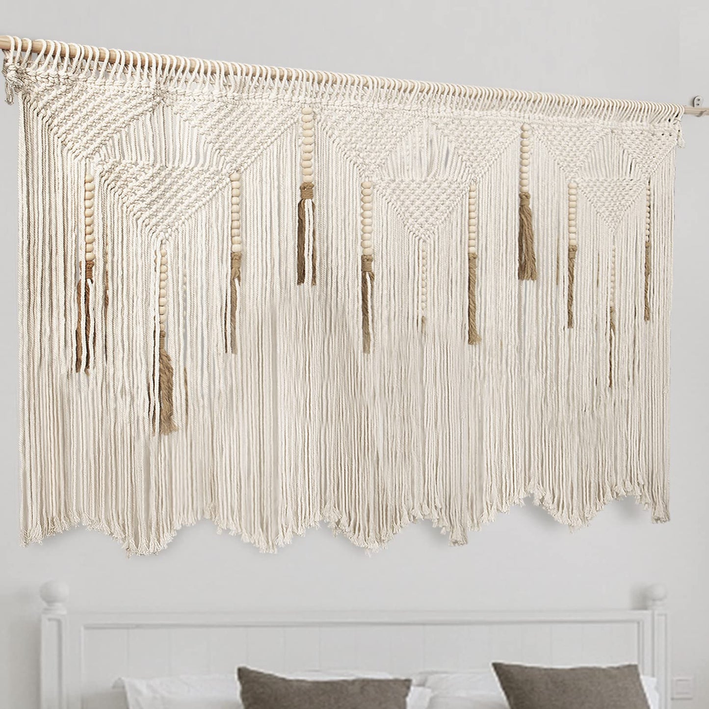 Extra Large Macrame Wall Hanging 70.8" × 39" Boho Tapestry Woven Decor- Cotton Tassel Curtain Beige Chic Bohemian Wall Art for Home Living Room Bedroom Dorm Wedding (Includes Rod)