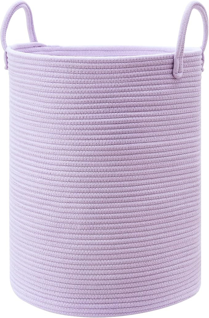 80L Extra Large Purple Hamper Laundry Basket for Nursery Kids 16Dx22H inches Tall Lavender Blanket Basket for Girls Cotton Rope Lilac Clothes Hamper in Bedroom