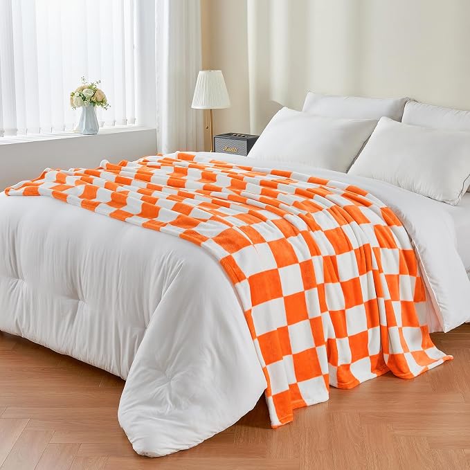 BEDELITE Checkered Twin Blanket for Couch Bed, Soft & Cozy Fleece Flannel Blanket with Checkerboard Grid Home Decor, Checkered Orange Tennessee Blanket, 60x80 Inches
