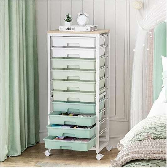 SYKIARIOL Rolling Cart with Drawers,10 Drawer Rolling Cart,Storage Cart,Utility Cart,Teacher Cart for Classroom Storage,Craft Cart with Wheels and Wooden Tabletop,Green