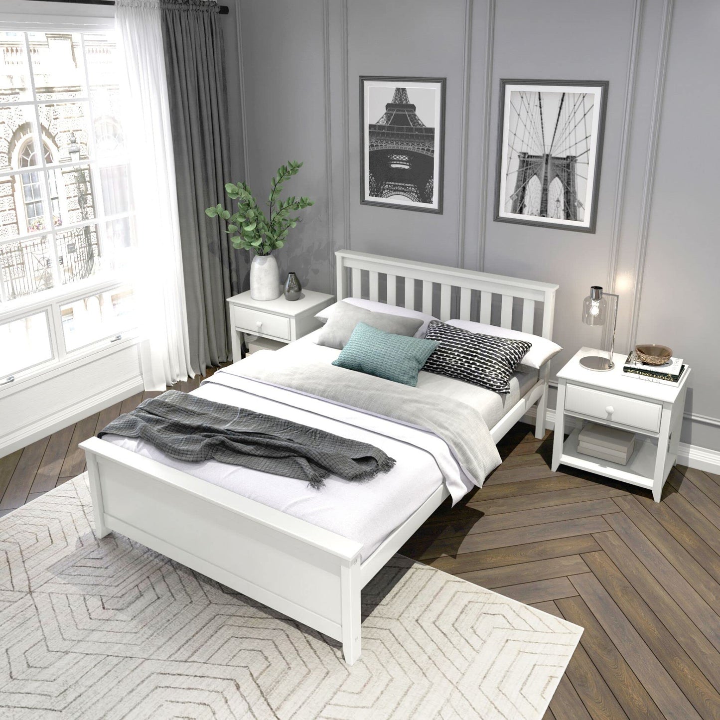 Plank+Beam Solid Wood Full Bed Frame, Platform Bed with Headboard, White