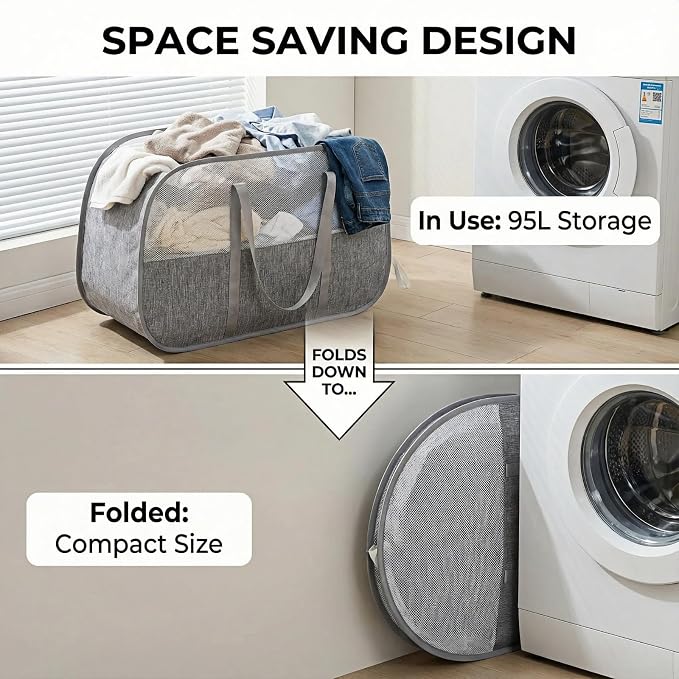 Collapsible Laundry Hamper,95L Large Capacity laundry basket with Handles,Breathable Mesh Design,Sturdy Steel Frame Clothes Hamper,Hampers for Bedroom,Dorm, Bathroom, Home