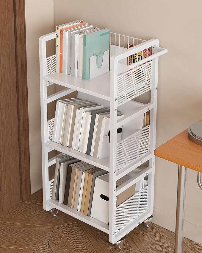 UMDONX Heavy-Duty Double-Sided Book Cart with Silent Wheels and 3 Magnetic Book Shelves, Rolling Book Shelf, Library Book Cart, Suitable for Home, Office, or School （White）