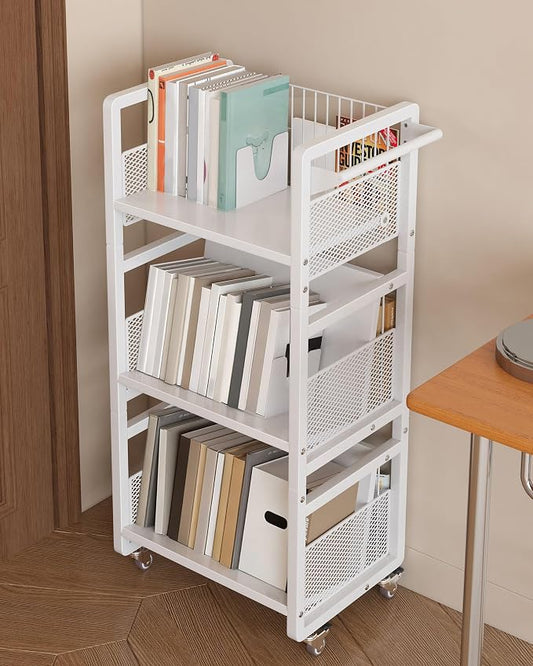 UMDONX Heavy-Duty Double-Sided Book Cart with Silent Wheels and 3 Magnetic Book Shelves, Rolling Book Shelf, Library Book Cart, Suitable for Home, Office, or School （White）