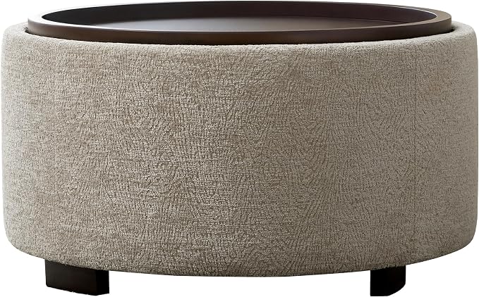 Zihanhome 30 Inch Round Storage Ottoman, Ottoman Coffee Table with Lift Off Lid, Boucle Modern Ottomans with Storage for Living Room, Bedroom, Apartments (Light Brown Striped)