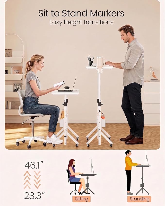 ErGear Mobile Standing Desk with Wheels, Adjustable Height 28.3″ to 46.1″, Rolling Laptop Cart with Cup Holder, Storage Basket, Computer & Pen Slot, Home Office Stand Up Desk, White (31.5″ x 15.75″)