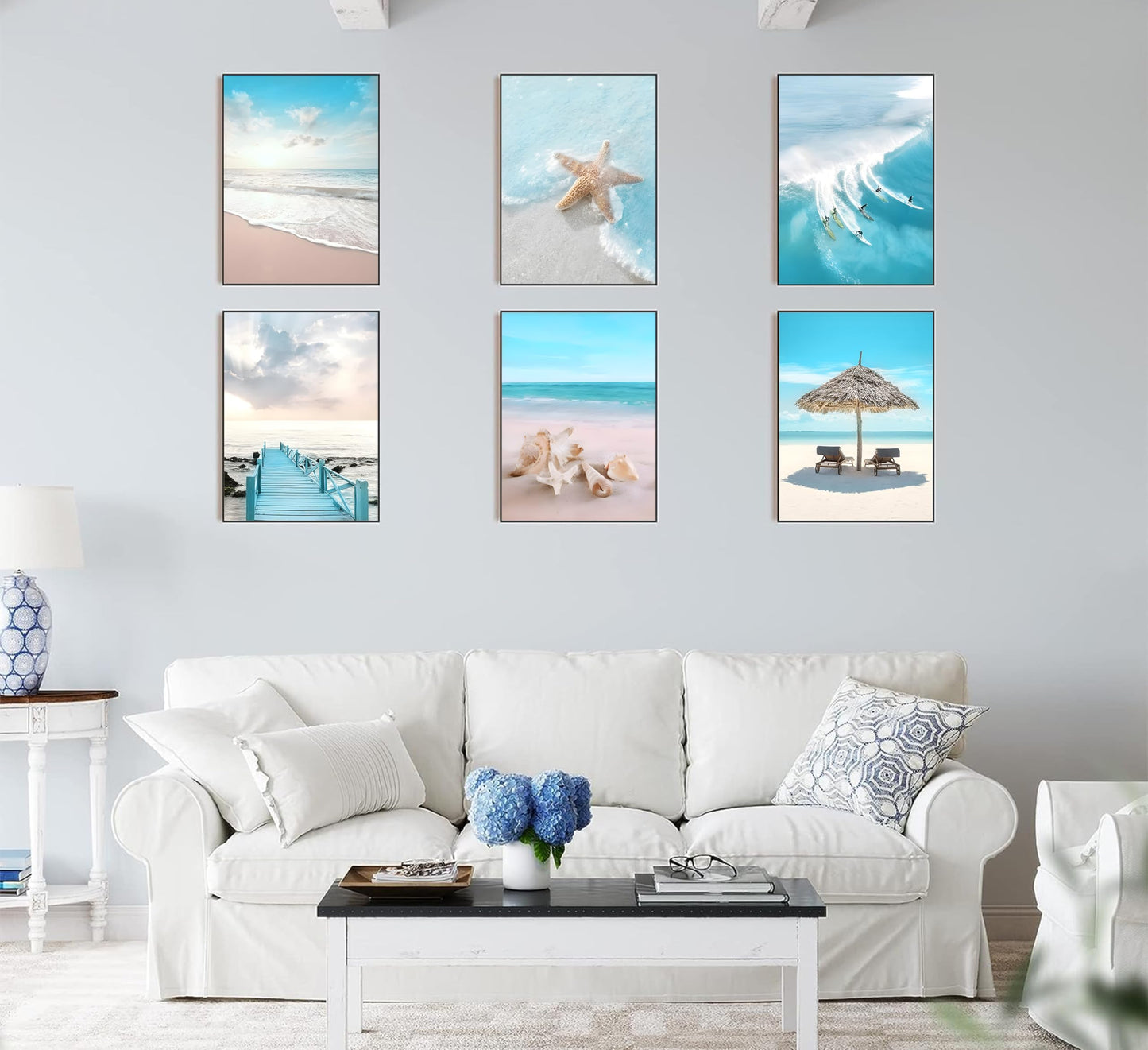 6Pcs Blue Coastal Wall Art,Beach Poster Prints,Summer Ocean Surf Pictures,Seaside Nature Scenery Wall Decor for Living Room Bedroom 8x10-inch UNFRAMED