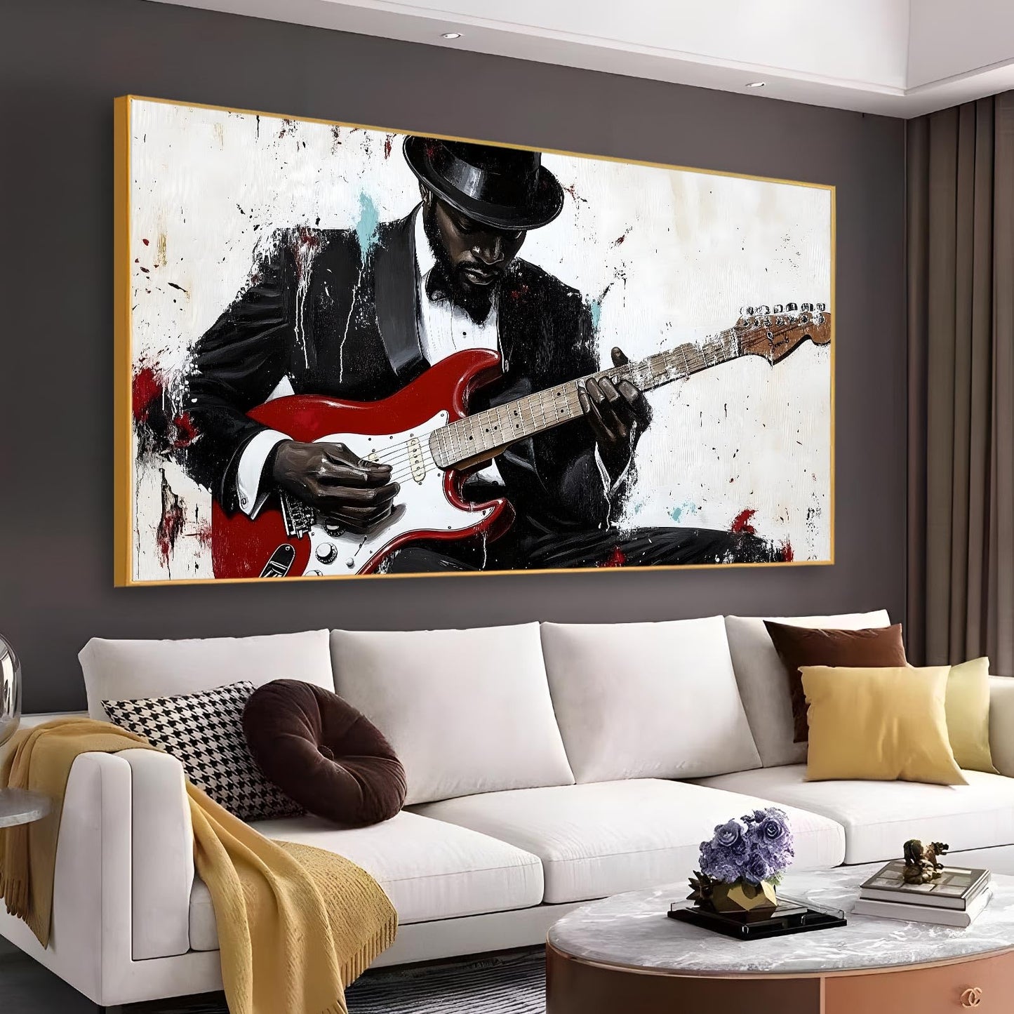 Abstract Jazz Music Canvas Wall Art, Black Musician Canvas Print, Guitar Player Wall Art, Red and Black Picture, Red Guitar Poster, Modern Artwork for Living Room (Gold Framed, 23"x13" | 60x35cm)