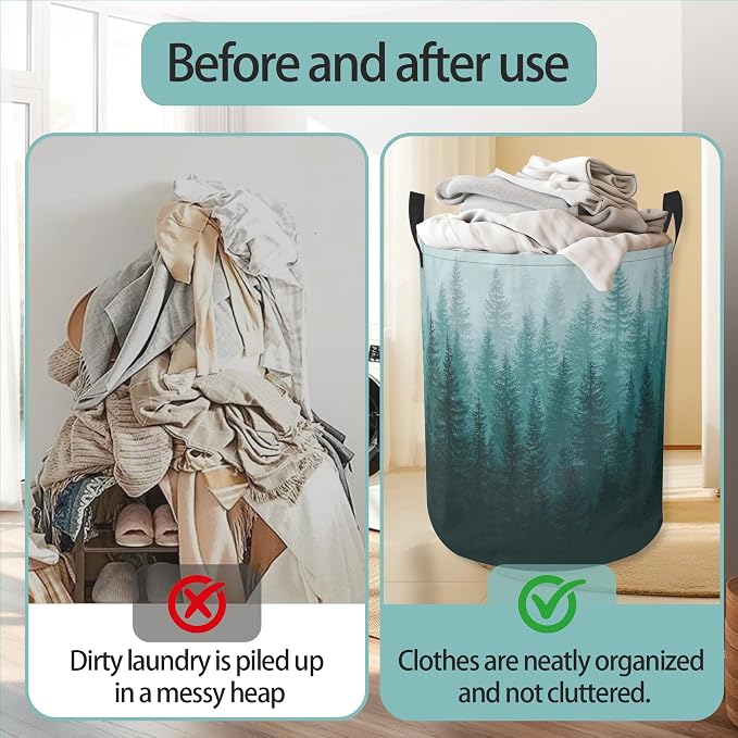 Green Misty Forest Round Laundry Hamper Storage Basket Toys Clothes Organizer Bin For Home Bathroom Bedroom Dorm Nursery