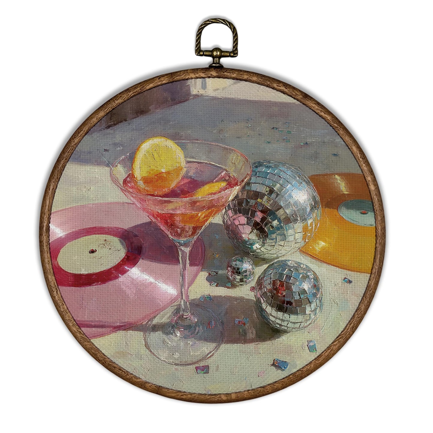 XBBMGG Trendy Martini Disco Ball Bar Wall Art Decor, Y2K Record Round Wall Hanging Decor, Light Pink Preppy Music Aesthetic Framed Canvas Prints for Girly Dorm Kitchen Bar Decorations, 10x10inch