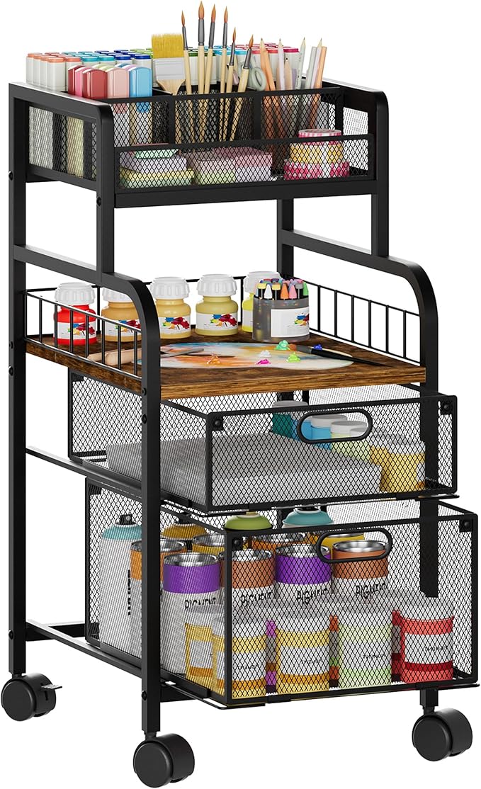 SWTYMIKI Rolling Cart with Drawers - Metal Craft Cart with Wheels, DIY Divider and Wood Shelf, Art Supply Organizer for Under Desk Storage, Utility Storage Cart for Home Office Studio, Espresso