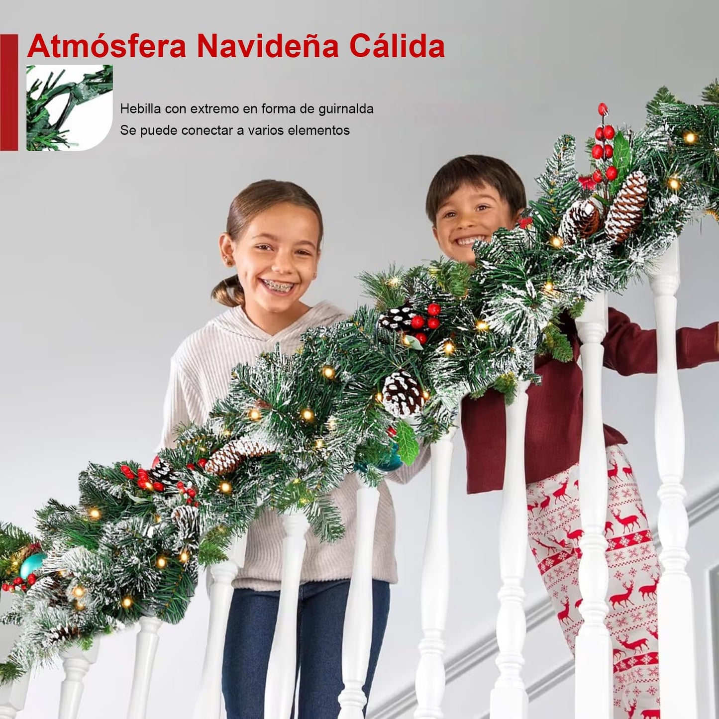 Christmas Garland with Lights - 9FT Pre-Lit Flocked Garland with 50 LED Bulbs, Red Berries, Pine Cones, Artificial Pine Battery Operated Garland for Fireplace, Staircase, Indoor & Outdoor Decoration