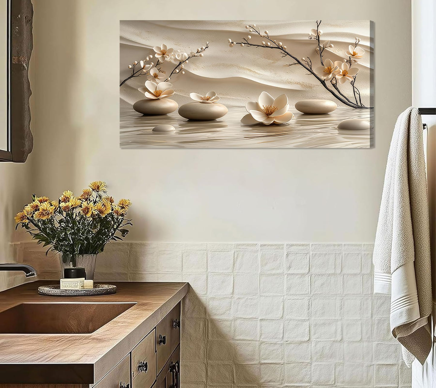 FEACFQKJ Zen Canvas Wall Art White Lotus Wall Decor Print Artwork Lotus Flowers Bloom Stones Spa Painting Pictures for yoga meditation room decoration 16x32in