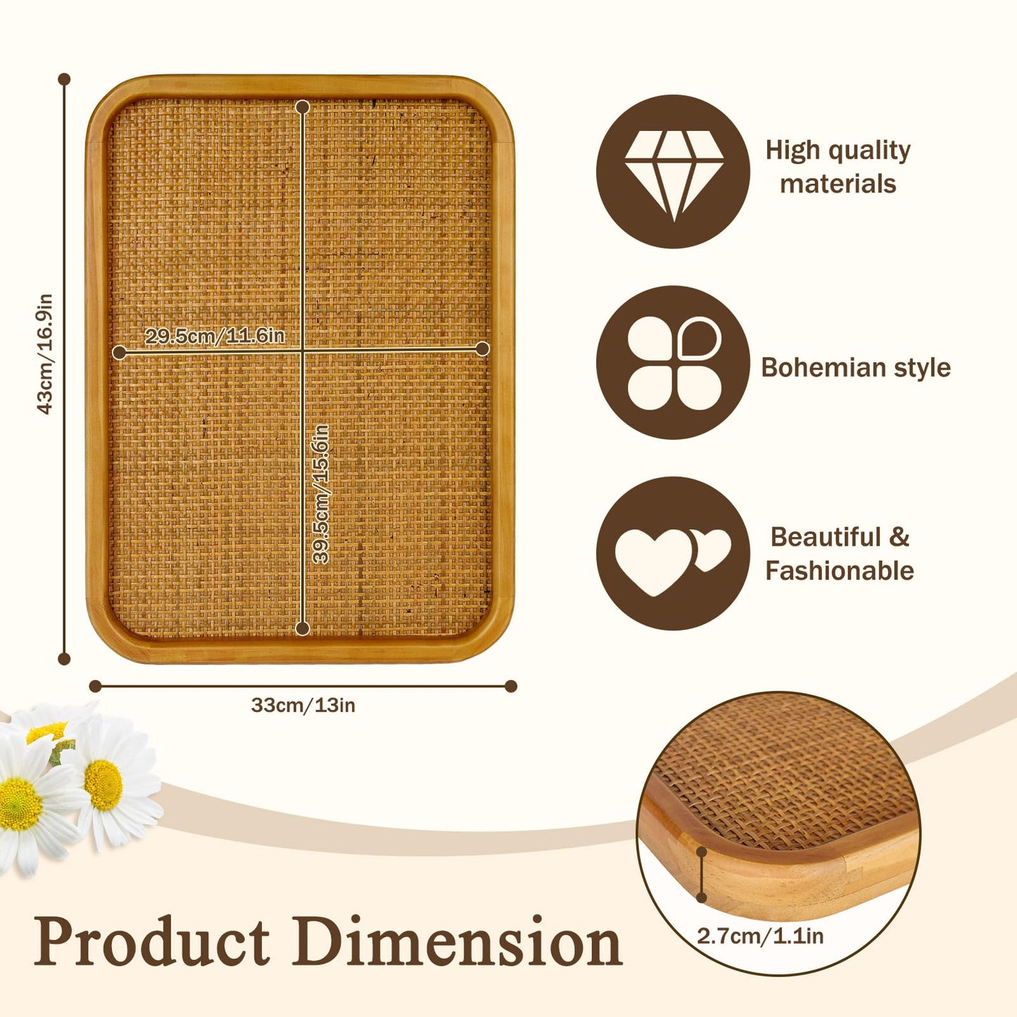Umtiti 13" x 17" Bulletin Board, Round-Edged Rectangle Cork Board，Wooden Frame with Boho Style Rattan Wall Organizer,3343Teng