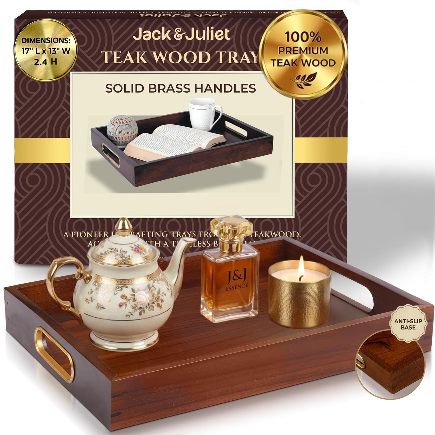 Jack & Juliet Teak Wood Ottoman Tray – Large Wooden Multifunctional Tray with Real Brass Handles - Non Slip Base in Food-Safe Finish - Gift-Ready Packaging for Coffee Table and Home Decor (Walnut)