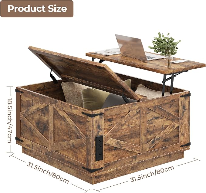 Jocoevol Farmhouse Lift Top Coffee Table, Square Wood Center Table with LED Lighting, USB-C Charging Station, and Hidden Storage Compartment - Rustic Brown Living Room Furniture