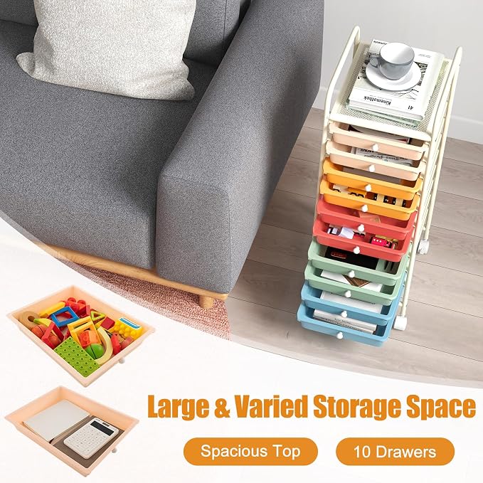 MEDIMALL 10 Drawers Rolling Storage Cart, Multipurpose Craft Storage Cart with Wheels, Mobile Tools Scrapbook Paper Organizer Cart for Office School Home Use