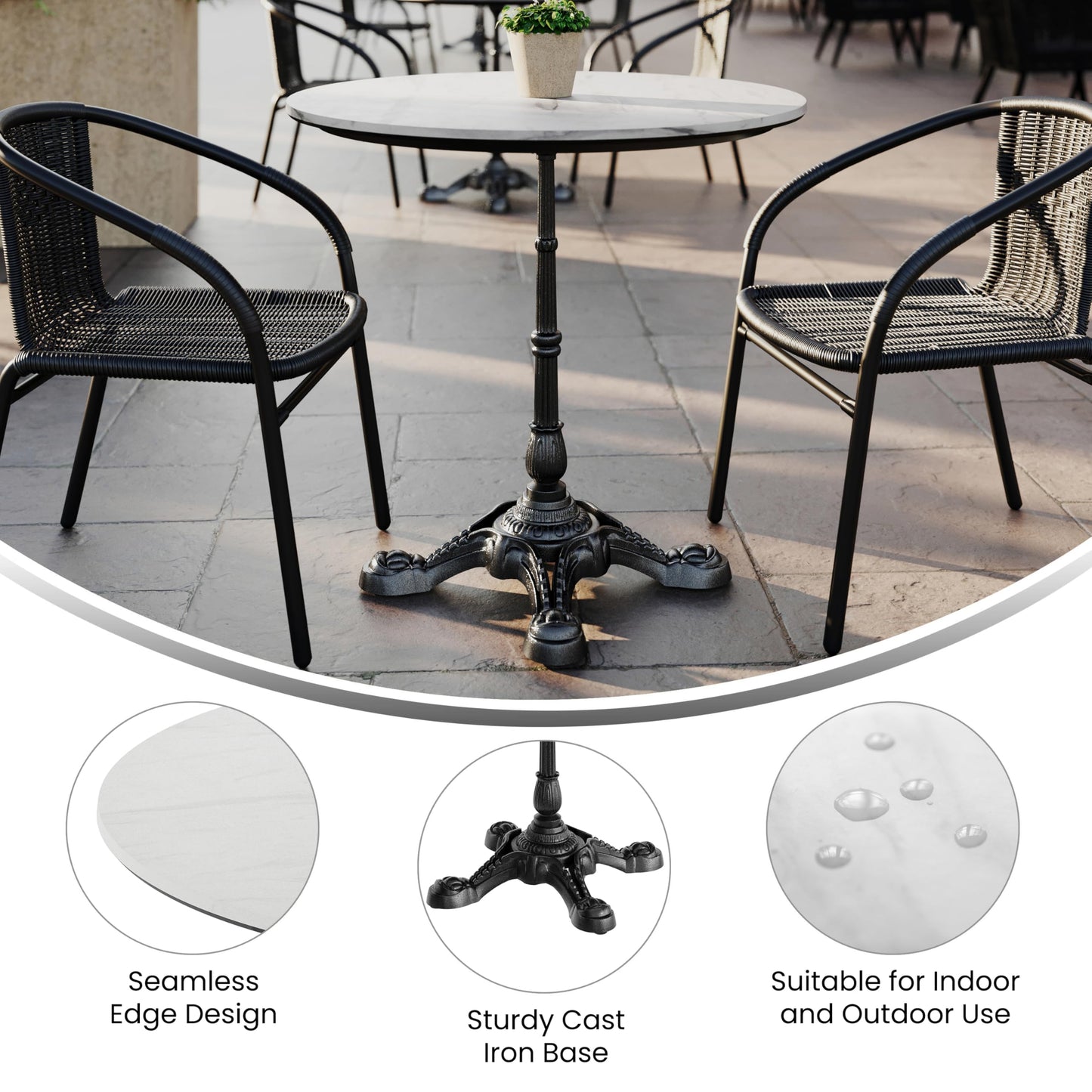 Flash Furniture Acadia 31.25" Round Indoor Outdoor White Faux Marble Tabletop with Black Bistro Base, Scratch, Heat & UV Resistant, Seamless TopGuard Top and Edge