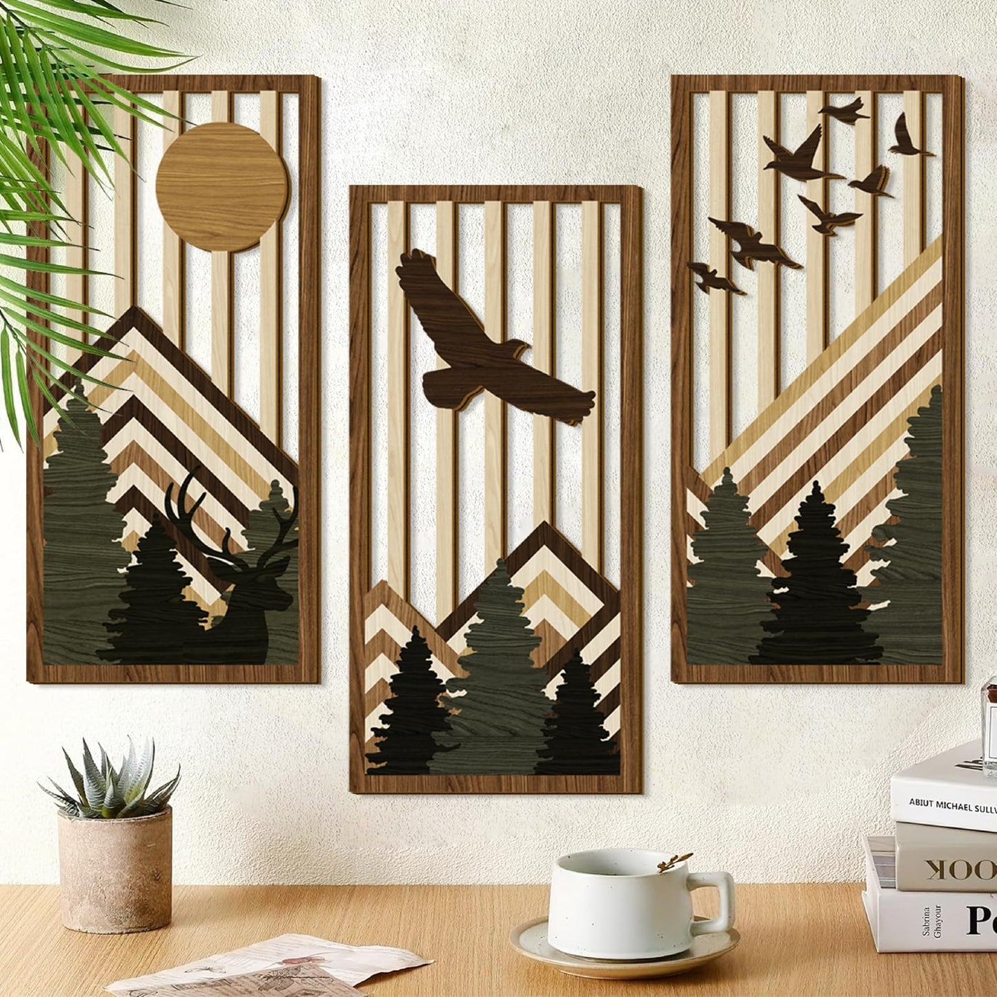 3 Pcs Wooden Boho Mountain Wall Art Mid Century Modern Wall Decor Nature Geometric Line Artwork for Living Room Rustic Home Indoor Decoration MCM Landscape Hanging Plaque for Bedroom Office Accents
