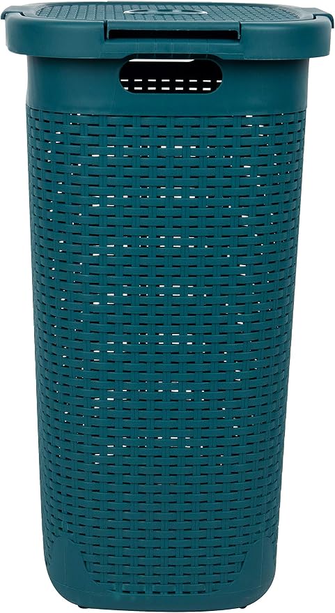 Mind Reader Slim Laundry Hamper with Lid, 60L Tall Clothes Basket, Narrow Tapered Design for Bathrooms, Closets and Laundry Rooms, Plastic, Blue