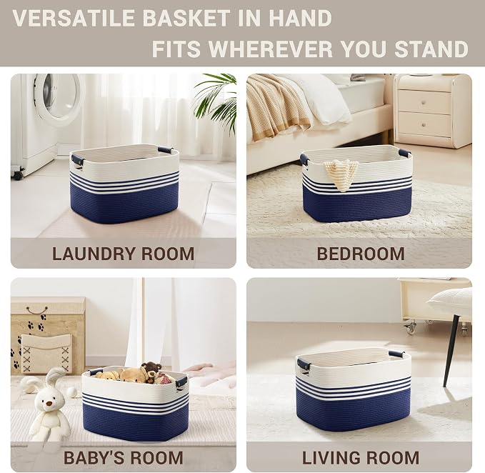 45L Laundry Basket with Leather Handles for Living Room Storage,Woven Rope Baskets for Blanket,Kids Toy,Gifts,Wicker Hamper for Bedroom Dirty Clothes,17.7"x13.8"x10.6"Navy