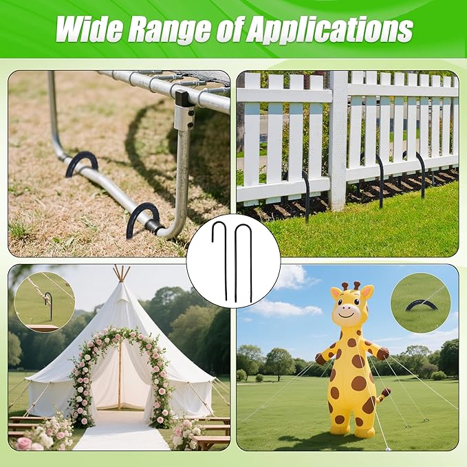 Anothera 4 Pack Heavy Duty Trampoline Stakes, 12 Inches Trampoline Anchors High Wind, Heavy Duty U Shaped Rebar Stakes for Trampoline, Tents, Inflatables, Fences, Outdoor Decoration