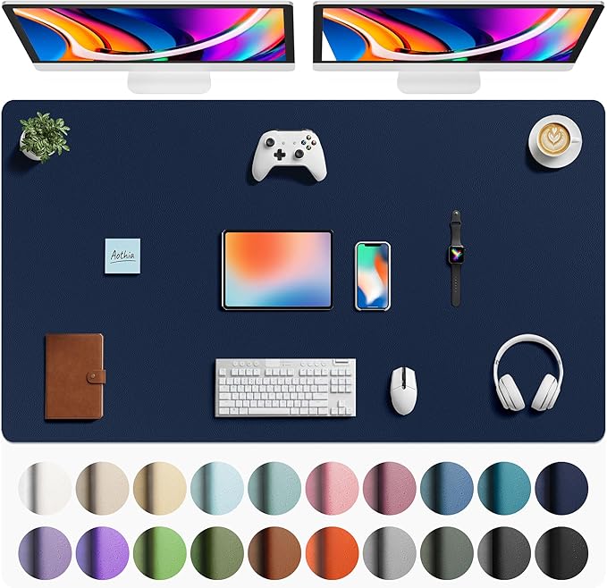 Aothia Faux Leather Desk Mat - Large Mouse Pad, Non-Slip PU Leather Blotter, Waterproof Writing Surface for Office and Home (Dark Blue, 63" x 24")