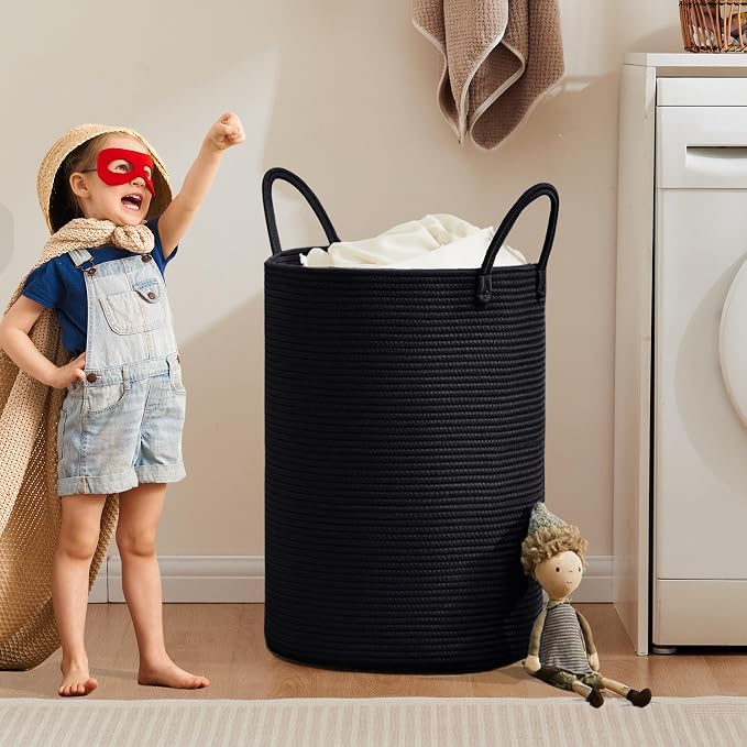 80L Extra Large Black Laundry Hamper Tall Woven Rope Laundry Basket for Clothes Modern Blanket Storage Basket in Living Room Bedroom 16"L x 16"W x 22"H