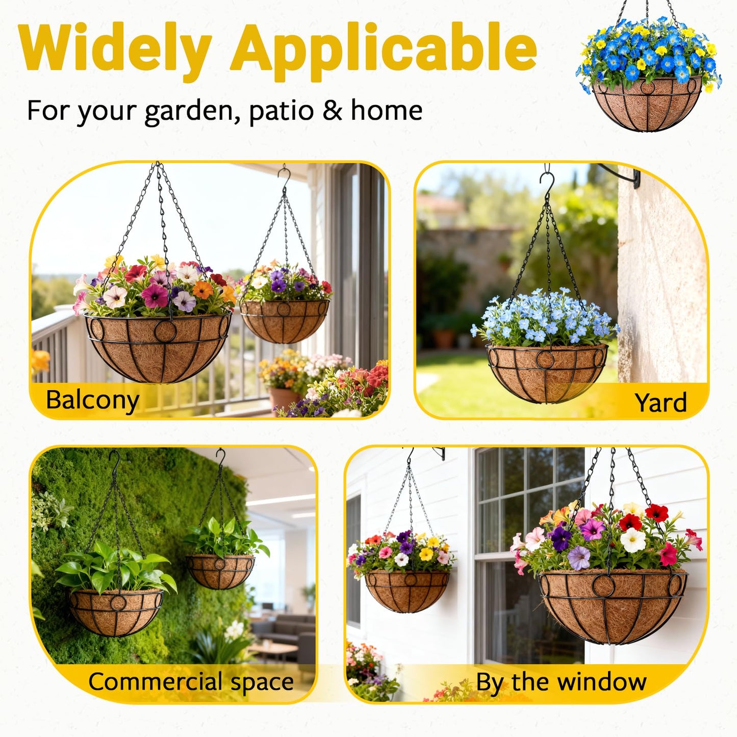 ZeeDix 2 Pack Round Hanging Baskets for Plants Outdoor, 12 Inch Metal Wire Planter Basket with Coco Liner, Hanging Flower Pots for Garden Yard Patio Porch Balcony Decor