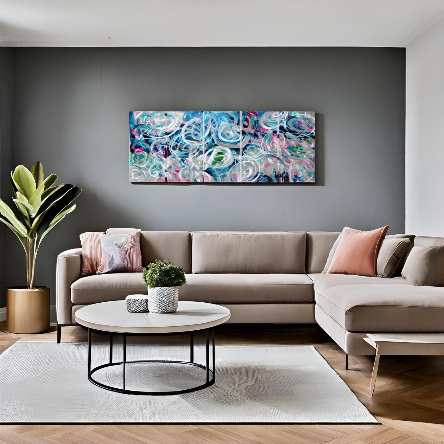 RICHSPACE ARTS Large Flower Field Metal Wall Art with 3D Texture 5 Pieces Blue and Pink Modern Wall Decor Hanging Sculptures for Living Room Bedroom Office Home Gift Ideas