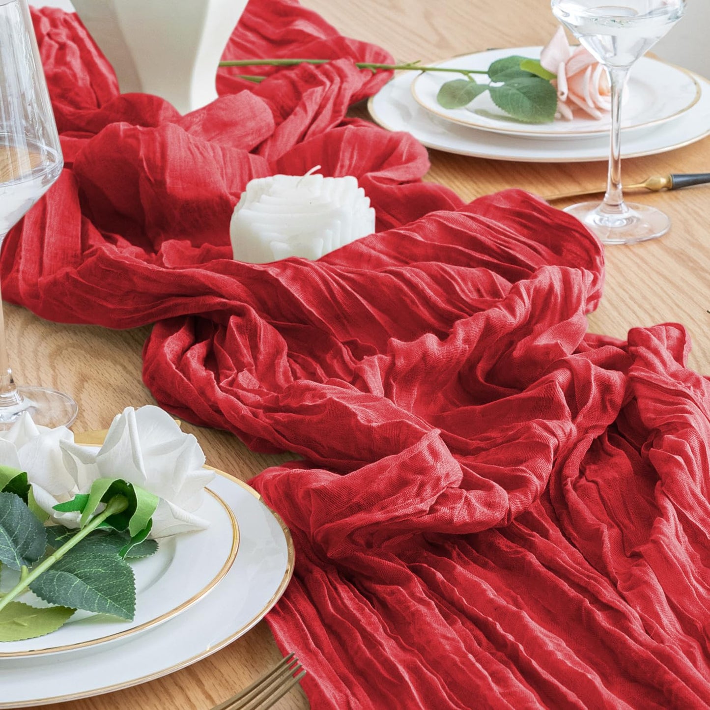 Xiomot Table Runner Cheesecloth 10FT Red Boho Gauze Cheese Cloth Rustic Sheer Table Runners for Wedding Birthday Bridal Baby Shower Party Decoration