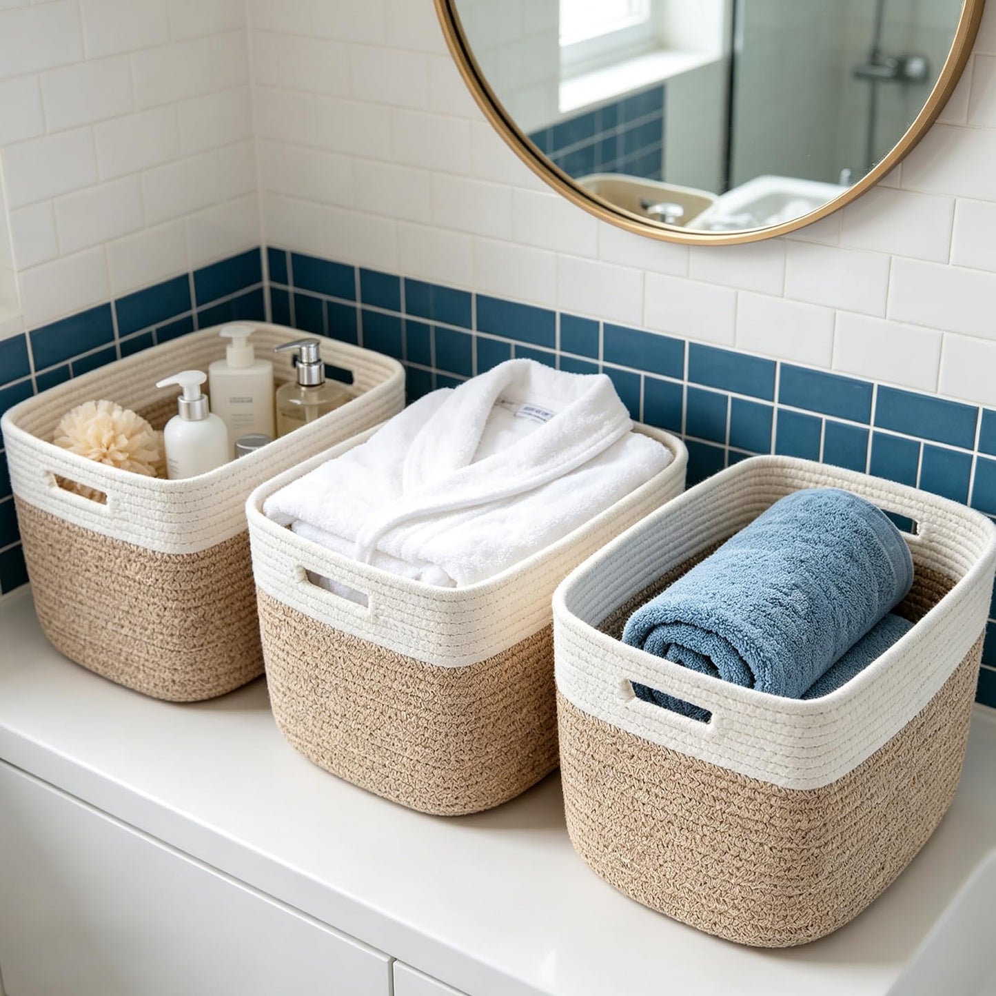 HZFTJOY 3 Pack Woven Rope Storage Baskets for Shelves,13.5"×11"×9.5" Storage Bins with Handles,Empty Gift Baskets,Nursery Organizer for Toys,Towels,Books,Closet,Living Room,Bedroom (White & Brown)