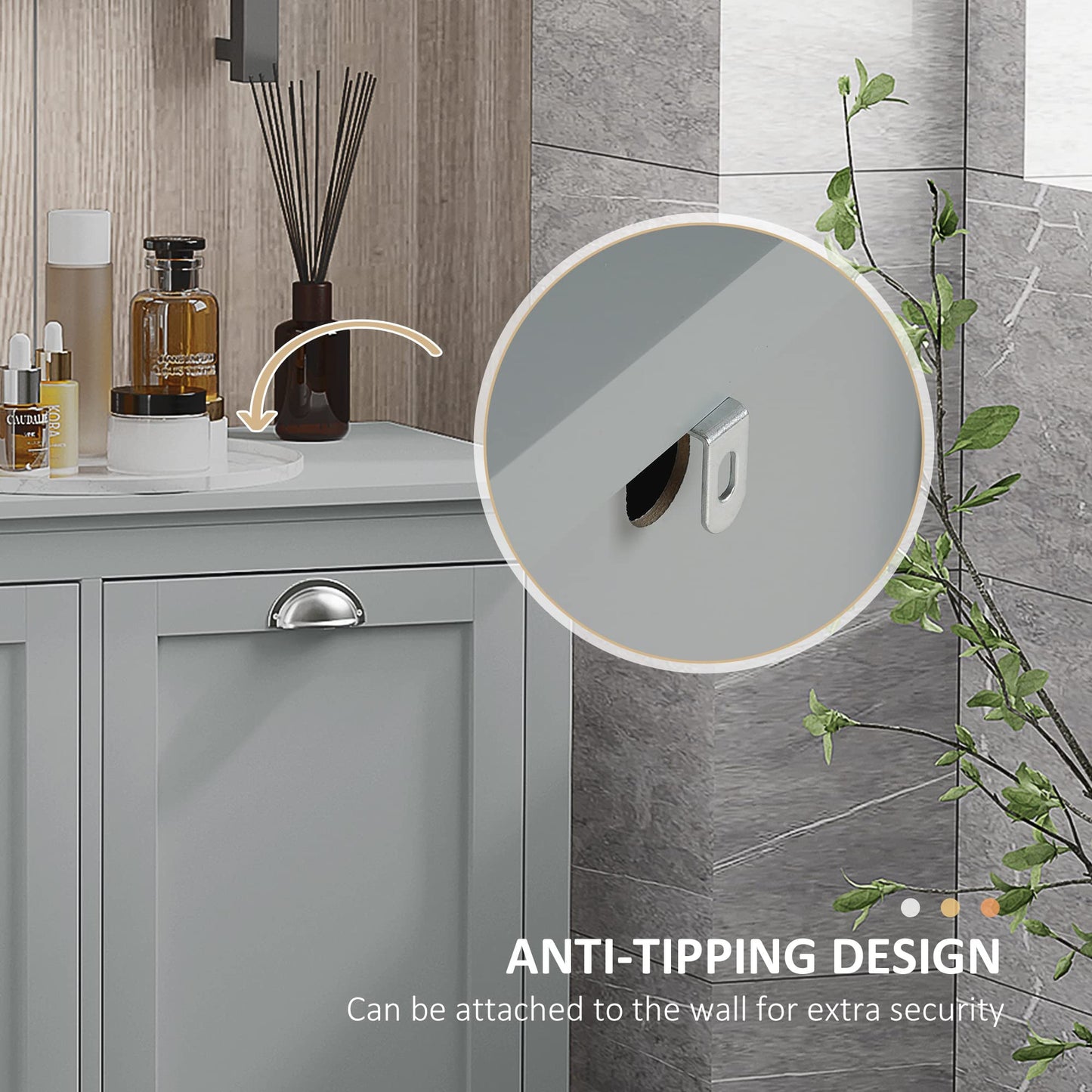 Tilt-Out Laundry Sorter Cabinet, Gray - Bathroom Floor Cabinet, Two-Compartment Hamper Organizer