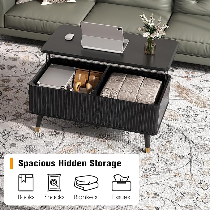 JOINICE Lift Top Coffee Table with Storage, Modern Black Fluted Design, Pop-Up Center Table with Hidden Compartment for Living Room & Home Office Work/Dining
