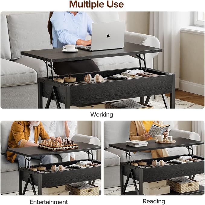 Memobarco Lift Top Coffee Table,Lift Coffee Tables with Storage Shelf and Large Hidden Compartment for Living Room,Lifting top Coffee Table for Small Space,Black