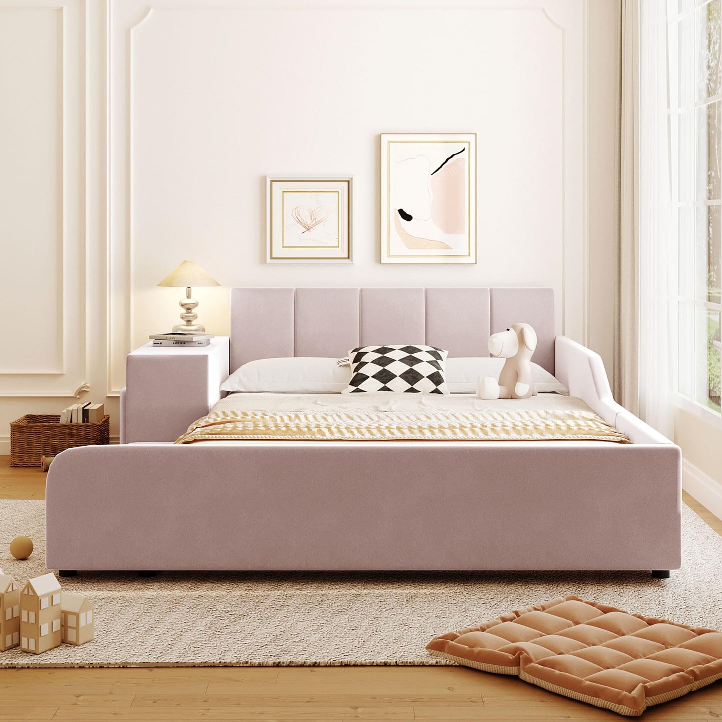 Merax Full Size Velvet Bed Frames Upholstered Grounded Bed, Wooden Mother & Child Bed with Bedside Desk and Little Round Stool,Kids Adults Bedroom Floor Platform Bed,Pink