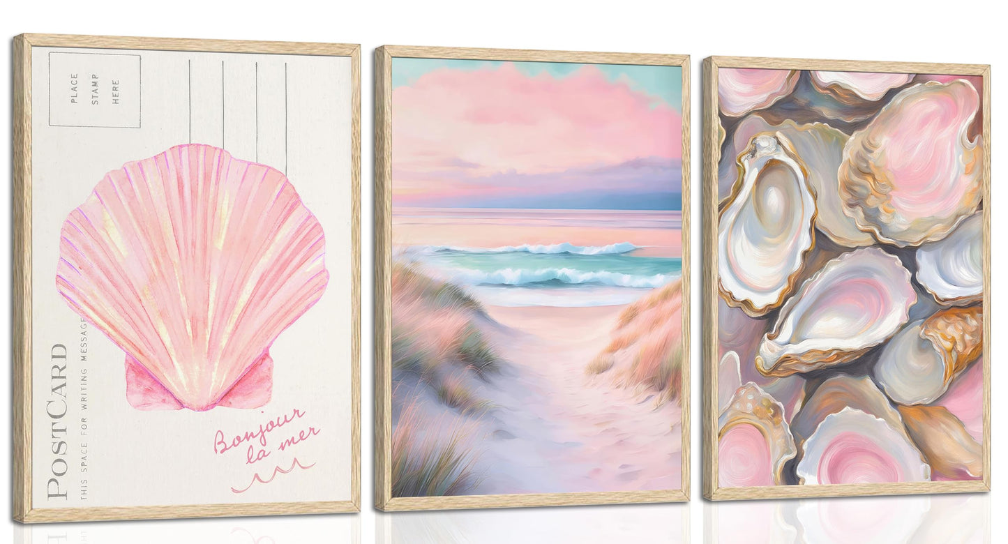 Aisandcuis 3Pcs Pink Oyster Shell Poster Wall Art Coastal Painting Picture Wall Decor Preppy Girly Beach Canvas Print Artwork for Beach House Apartments Girls Room Dorm Home Decoration Unframed