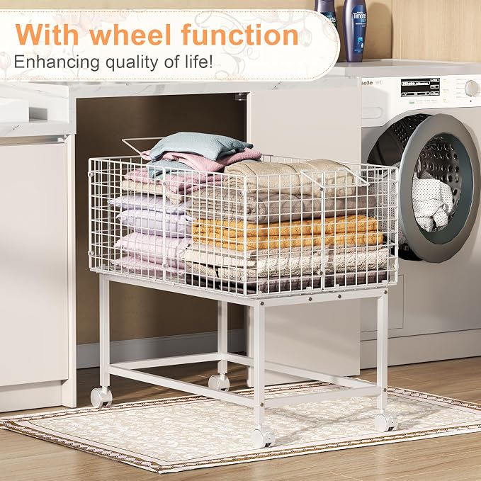 Large Rolling Laundry Basket Cart,Wire Laundry Hamper Cart with Handle and Wheels,White High Laundry Hamper for Laundry Room,Bedroom and Bathroom-120L White (29.5"L*19.7"W*27.95"H inch)