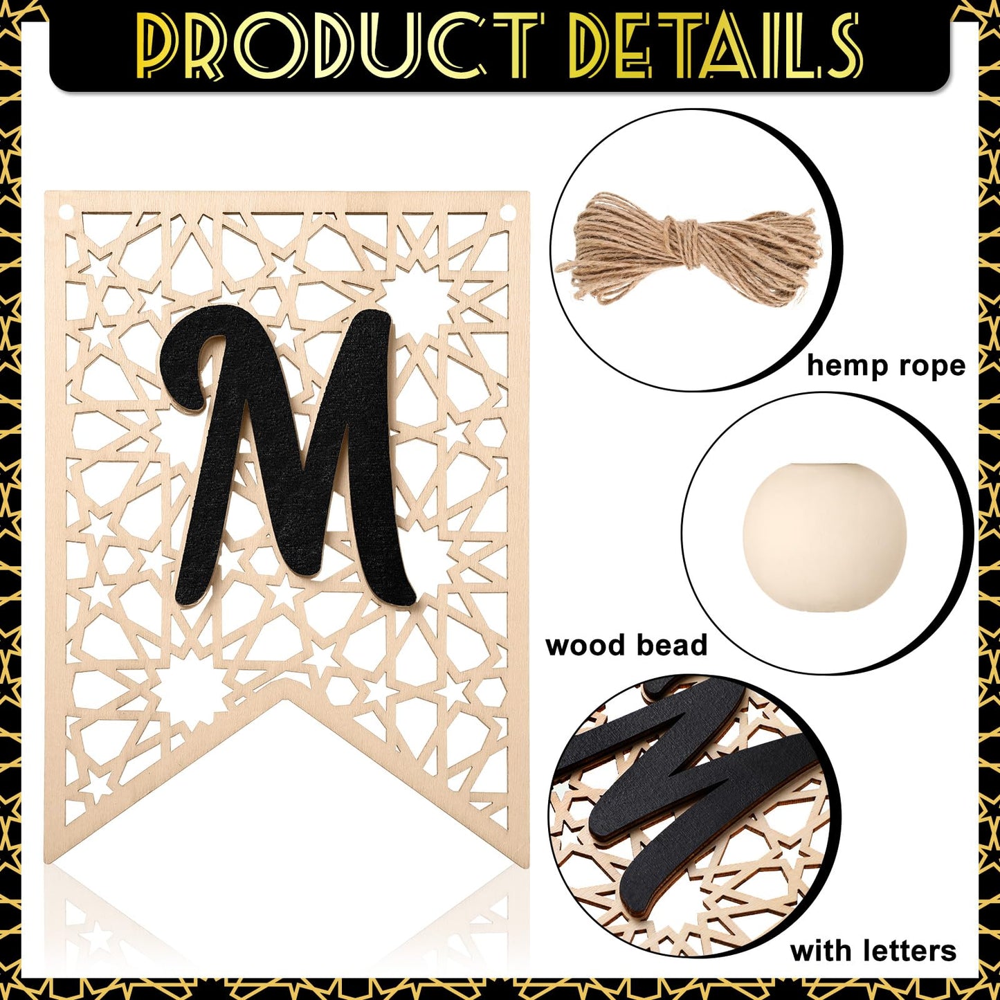 Menkxi 2 Pcs Eid Mubarak Banner Decorations Wooden Ramadan Eid Decoration for Home Rustic Ramadan Mubarak Garland Hanging Supplies for Mantel Fireplace Muslim Home Indoor Outdoor Party(Natural, Black)