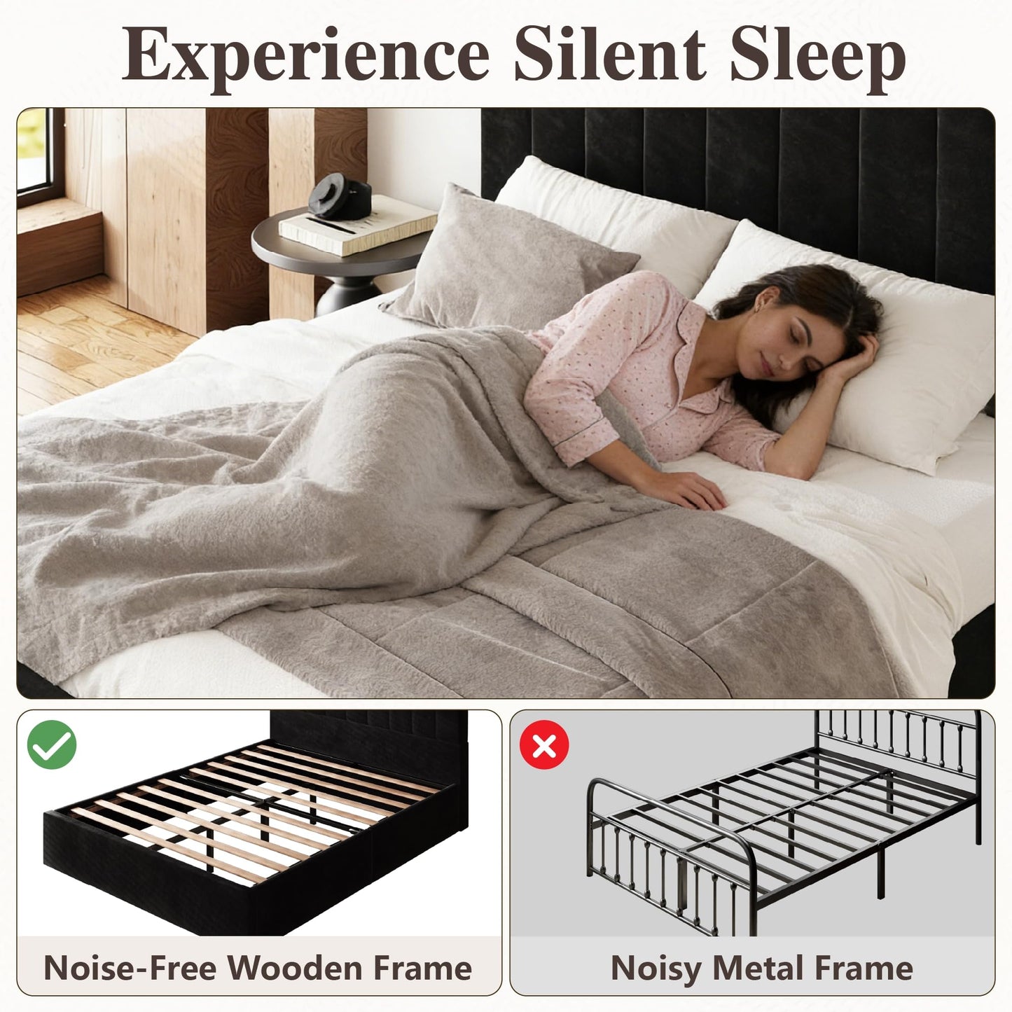 Sismplly Queen Size Cloud Bed Frame with 47" Tall Headboard, Velvet Upholstered Platform Bed with Thickened Sides & Footboard, Modern Floor-Standing Design, No Box Spring Needed, Easy Assembly, Black