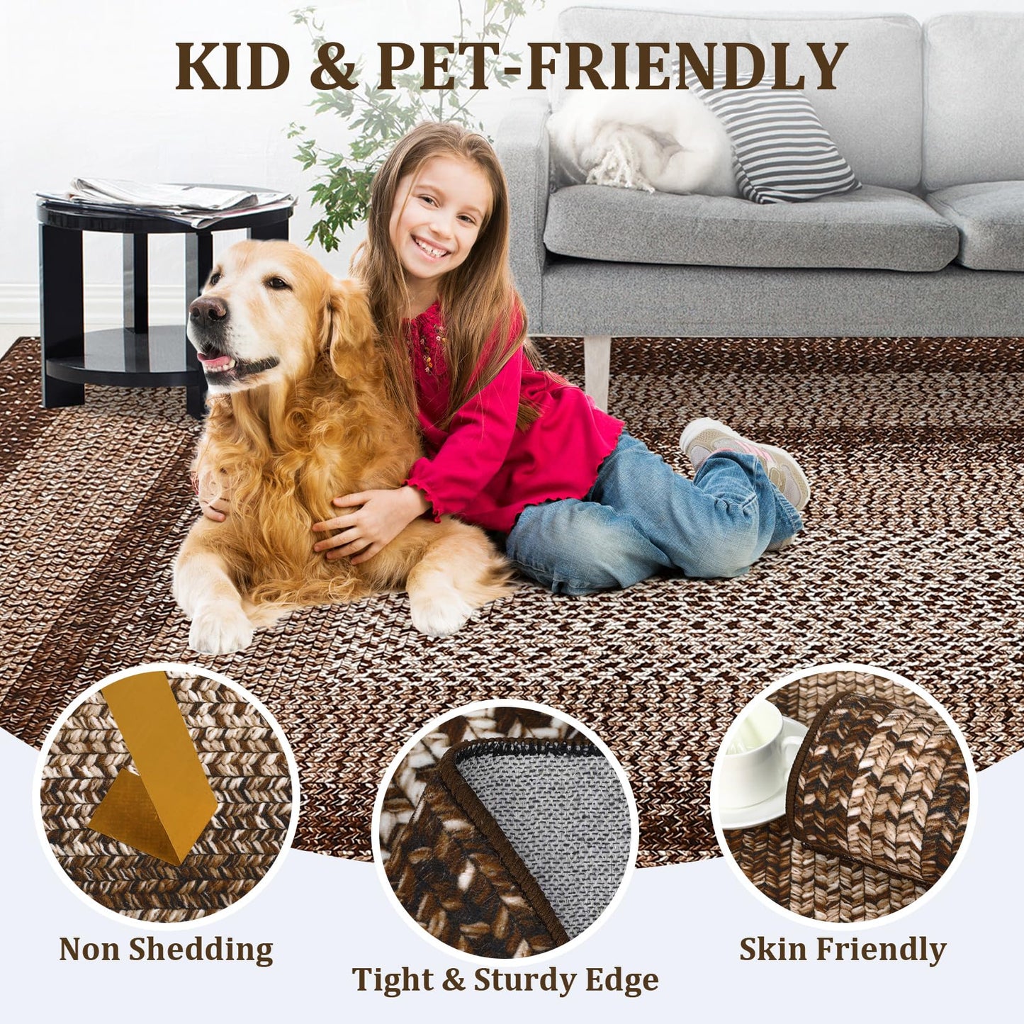GarveeHome Printed Rug with Braided Pattern on it, Washable 8 x 10 Rug for Living Room Non Slip Soft Bedroom Rugs Low Pile Stain Resistant Carpet for Nursery Dining Room Playroom Classroom