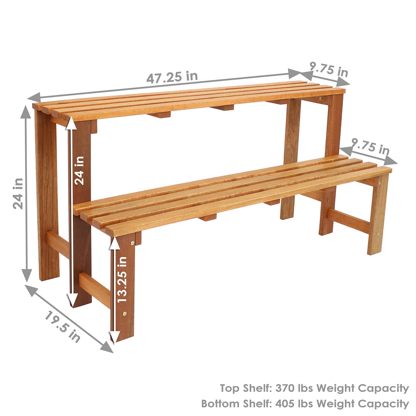 Sunnydaze 2-Tier Meranti Wood Plant Stand for Indoor and Outdoor Use - Garden Shelf with Teak Oil Finish for Patio, Porch, Balcony, and Living Room - Heavy Duty 100 lb Per Level Capacity - 47 in